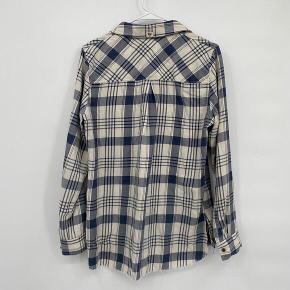 Billabong Plaid Button Front Long Sleeve Shirt Raw Hem Cream Black Size Large - Picture 7 of 9